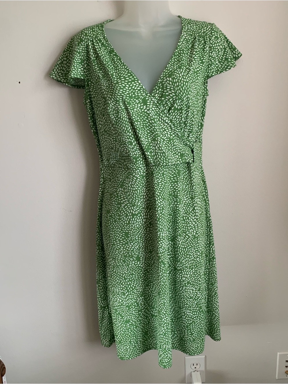 LOFT Green and White Faux-Wrap Flutter Sleeve Dress